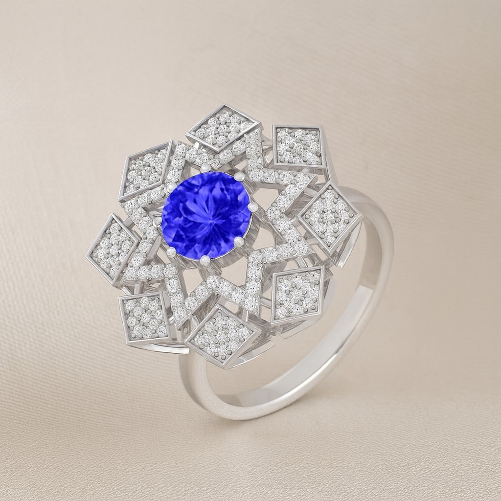 Natural Tanzanite Gemstone & Lab Grown Diamonds Silver Ring: Natural Tanzanite Gemstone & Lab Grown Diamonds Silver Ring Jewelry Type : Ring Gemstone : Natural Tanzanite Gemstone Shape : Round Gemstone Size : 7 MM Gemstone Quantity : 1 Piece Diamond T