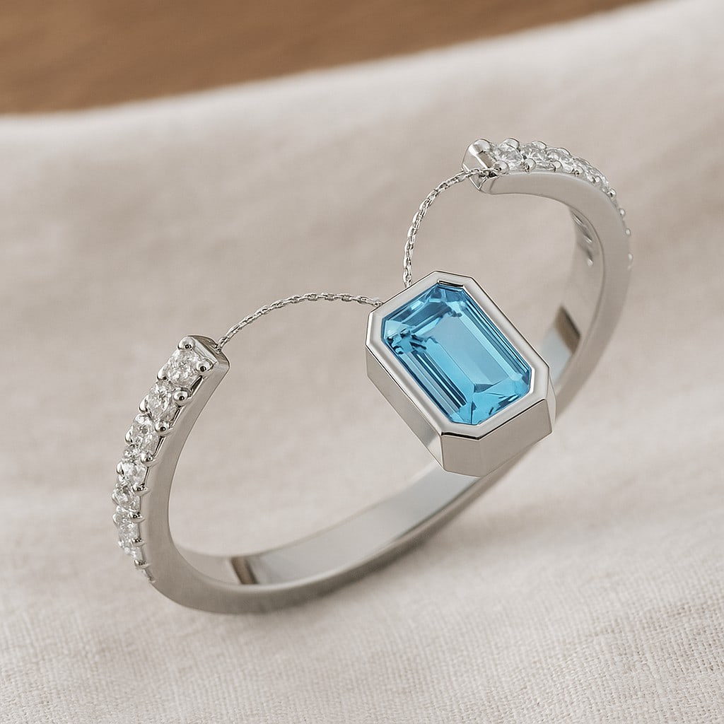 Natural Aquamarine Gemstone & Lab Grown Diamonds Silver Ring: Natural Aquamarine Gemstone & Lab Grown Diamonds Silver Ring Jewelry Type : Ring Gemstone : Natural Aquamarine Gemstone Shape : Emerald Gemstone Size : 5x3 MM Gemstone Quantity : 1 Piece Dia