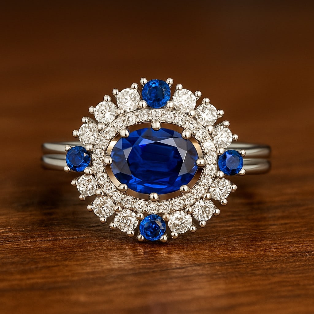 Natural Blue Sapphire Gemstone & Lab Grown Diamonds Silver Ring: Natural Blue Sapphire Gemstone & Lab Grown Diamonds Silver Ring Jewelry Type : Ring Gemstone : Natural Blue Sapphire Gemstone Shape : Oval, Round Gemstone Size : 8x6 MM, 2.5 MM Gemstone Quantity :