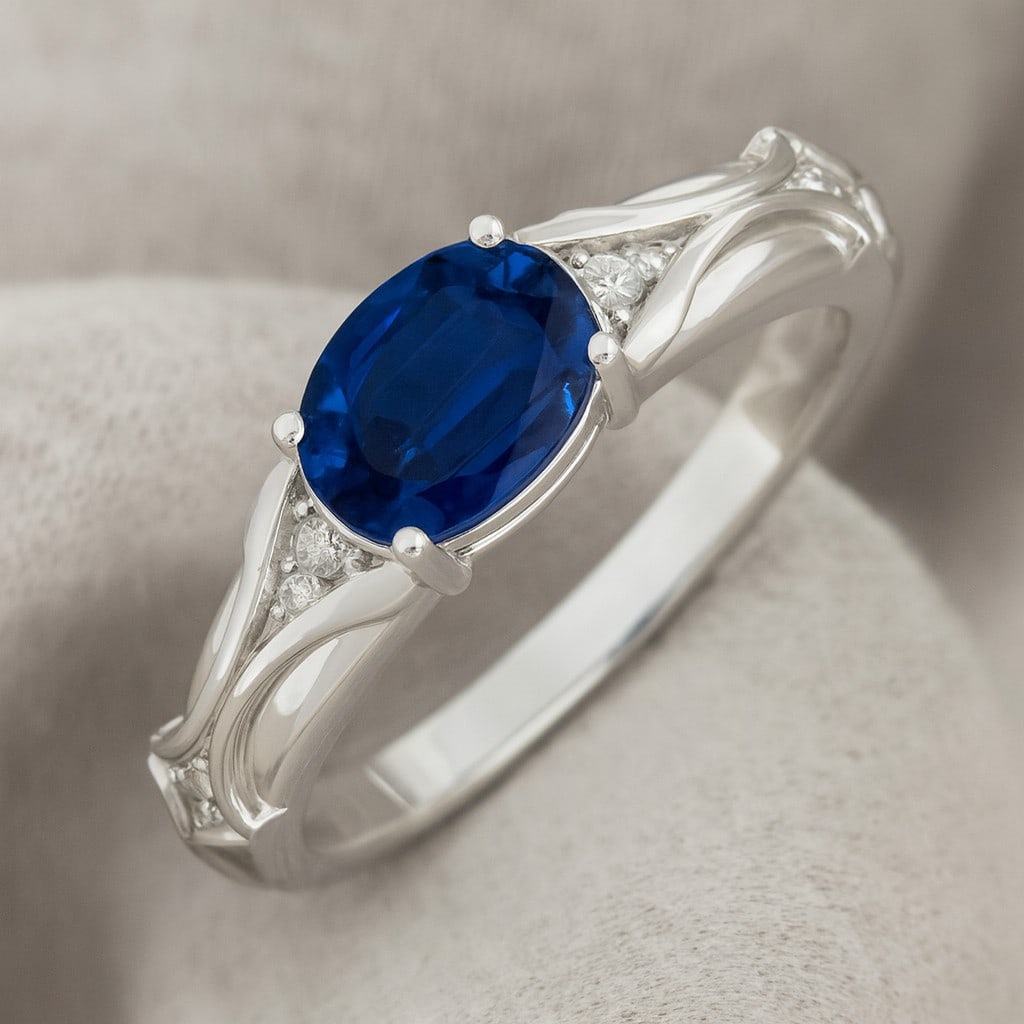 Natural Blue Sapphire Gemstone & Lab Grown Diamonds Silver Ring (1 of 7)