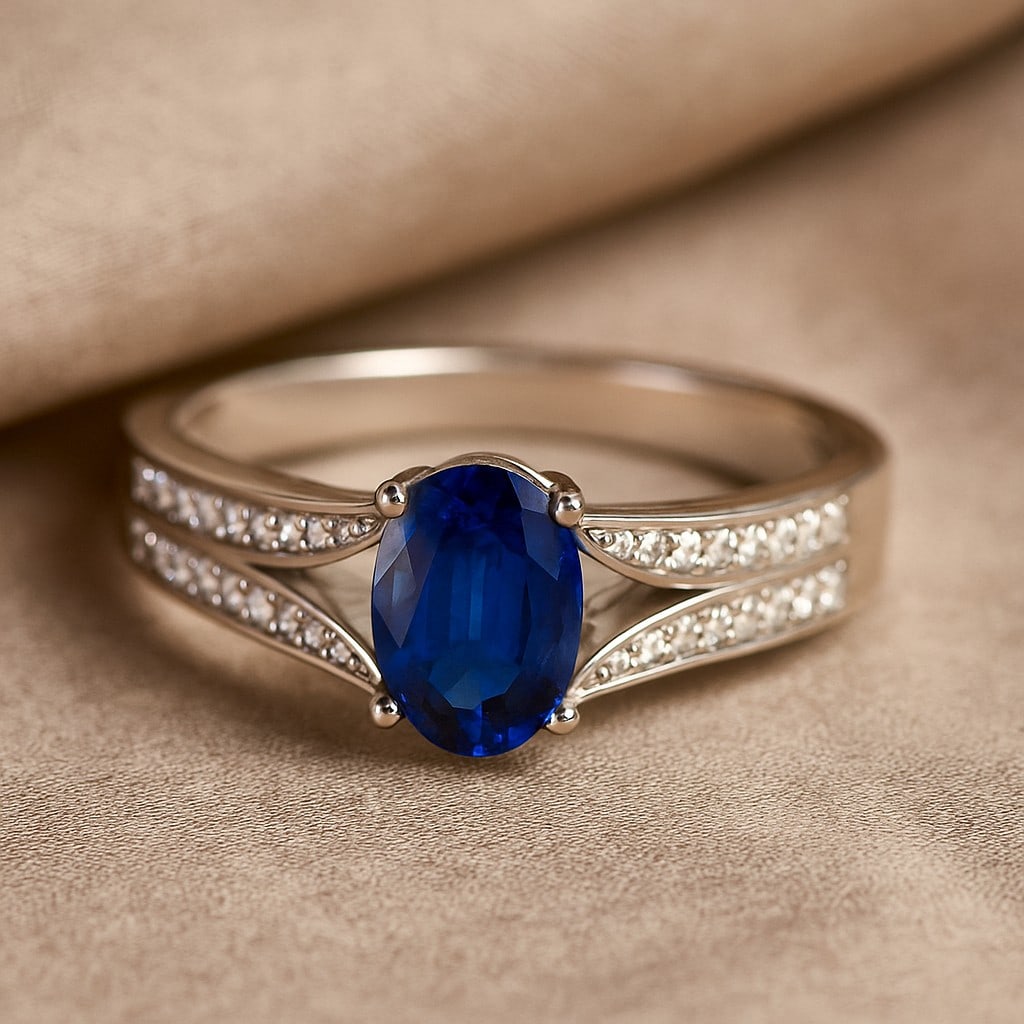 Natural Blue Sapphire Gemstone & Lab Grown Diamonds Silver Ring (1 of 7)