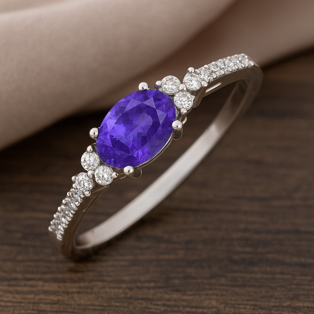 Natural Tanzanite Gemstone & Lab Grown Diamonds Silver Ring (1 of 7)