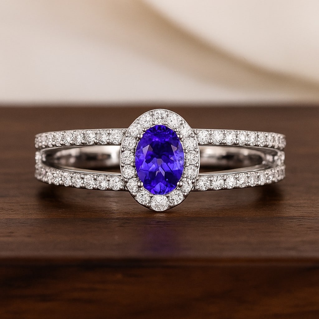 Natural Tanzanite Gemstone & Lab Grown Diamonds Silver Ring (1 of 7)