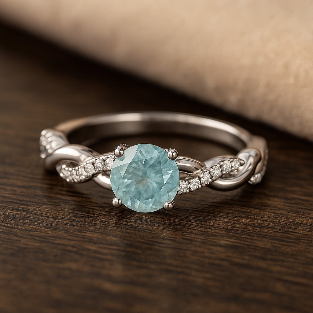 Natural Aquamarine Gemstone & Lab Grown Diamonds Silver Ring: Natural Aquamarine Gemstone & Lab Grown Diamonds Silver Ring Jewelry Type : Ring Gemstone : Natural Aquamarine Gemstone Shape : Round Gemstone Size : 5 MM Gemstone Quantity : 1 Piece Diamond