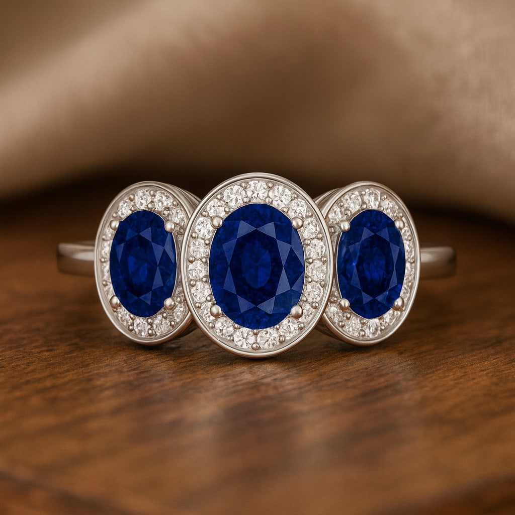 Natural Blue Sapphire Gemstone & Lab Grown Diamonds Silver Ring (1 of 7)