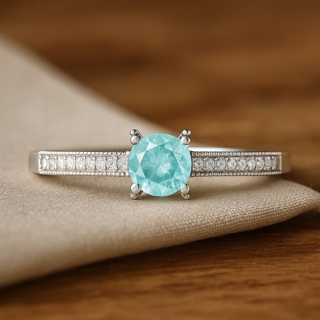 Natural Aquamarine Gemstone & Lab Grown Diamonds Silver Ring: Natural Aquamarine Gemstone & Lab Grown Diamonds Silver Ring Jewelry Type : Ring Gemstone : Natural Aquamarine Gemstone Shape : Round Gemstone Size : 5 MM Gemstone Quantity : 1 Piece Diamond