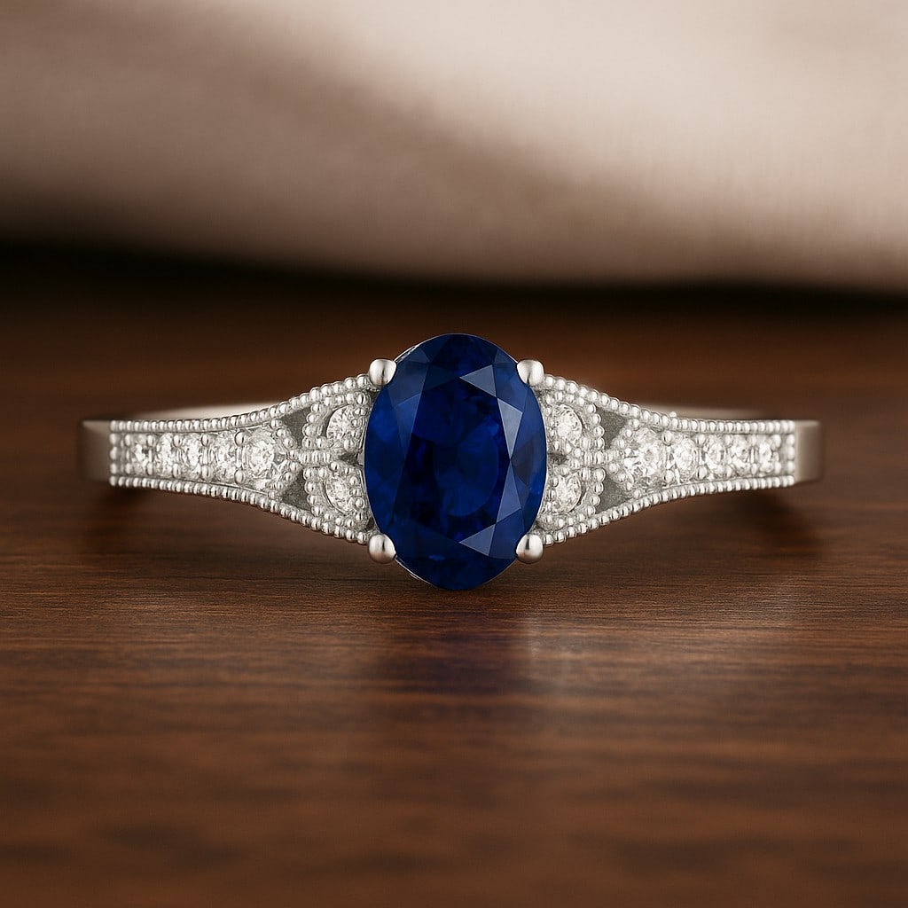 Natural Blue Sapphire Gemstone & Lab Grown Diamonds Silver Ring: Natural Blue Sapphire Gemstone & Lab Grown Diamonds Silver Ring Jewelry Type : Ring Gemstone : Natural Blue Sapphire Gemstone Shape : Oval Gemstone Size : 7x5 MM Gemstone Quantity : 1 Piece