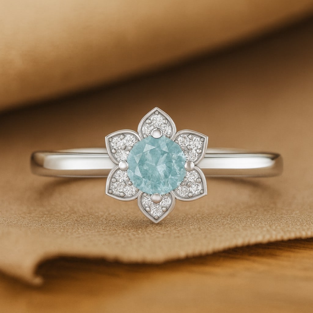 Natural Aquamarine Gemstone & Lab Grown Diamonds Silver Ring: Natural Aquamarine Gemstone & Lab Grown Diamonds Silver Ring Jewelry Type : Ring Gemstone : Natural Aquamarine Gemstone Shape : Round Gemstone Size : 5 MM Gemstone Quantity : 1 Piece Diamond