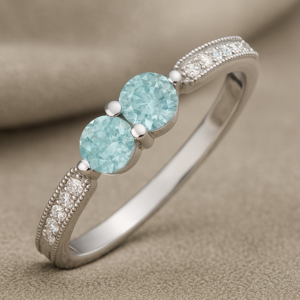 Natural Aquamarine Gemstone & Lab Grown Diamonds Silver Ring: Natural Aquamarine Gemstone & Lab Grown Diamonds Silver Ring Jewelry Type : Ring Gemstone : Natural Aquamarine Gemstone Shape : Round Gemstone Size : 4 MM Gemstone Quantity : 2 Pieces Diamon