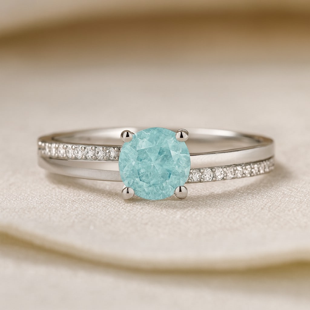 Natural Aquamarine Gemstone & Lab Grown Diamonds Silver Ring: Natural Aquamarine Gemstone & Lab Grown Diamonds Silver Ring Jewelry Type : Ring Gemstone : Natural Aquamarine Gemstone Shape : Round Gemstone Size : 6 MM Gemstone Quantity : 1 Piece Diamond