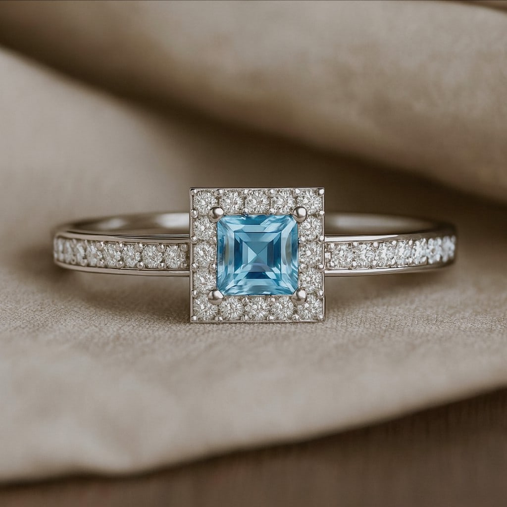 Natural Aquamarine Gemstone & Lab Grown Diamonds Silver Ring: Natural Aquamarine Gemstone & Lab Grown Diamonds Silver Ring Jewelry Type : Ring Gemstone : Natural Aquamarine Gemstone Shape : Princess Gemstone Size : 4 MM Gemstone Quantity : 1 Piece Diam