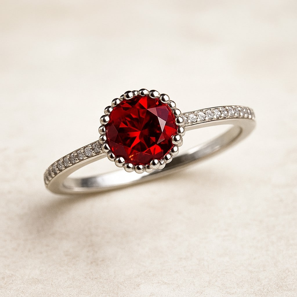 Natural Ruby Gemstone & Lab Grown Diamonds Silver Ring: Natural Ruby Gemstone & Lab Grown Diamonds Silver Ring Jewelry Type : Ring Gemstone : Natural Ruby Gemstone Shape : Round Gemstone Size : 7 MM Gemstone Quantity : 1 Piece Diamond Type : L