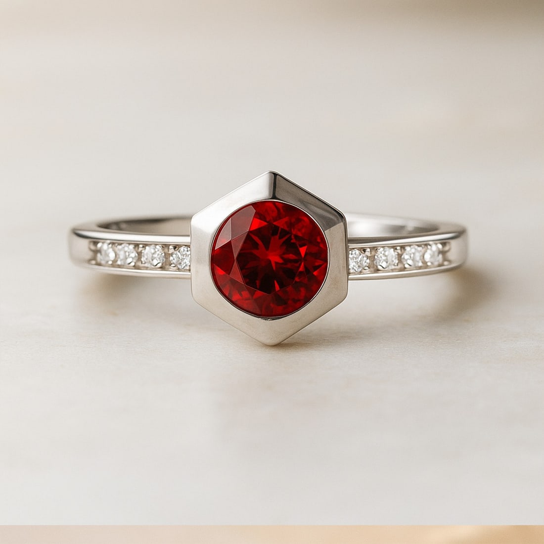 Natural Ruby Gemstone & Lab Grown Diamonds Silver Ring: Natural Ruby Gemstone & Lab Grown Diamonds Silver Ring Jewelry Type : Ring Gemstone : Natural Ruby Gemstone Shape : Round Gemstone Size : 5 MM Gemstone Quantity : 1 Piece Diamond Type : L