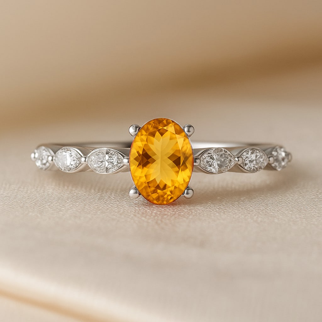 Natural Citrine Gemstone & Lab Grown Diamonds Silver Ring: Natural Citrine Gemstone & Lab Grown Diamonds Silver Ring Jewelry Type : Ring Gemstone : Natural Citrine Gemstone Shape : Oval Gemstone Size : 7x5 MM Gemstone Quantity : 1 Piece Diamond Type : Lab