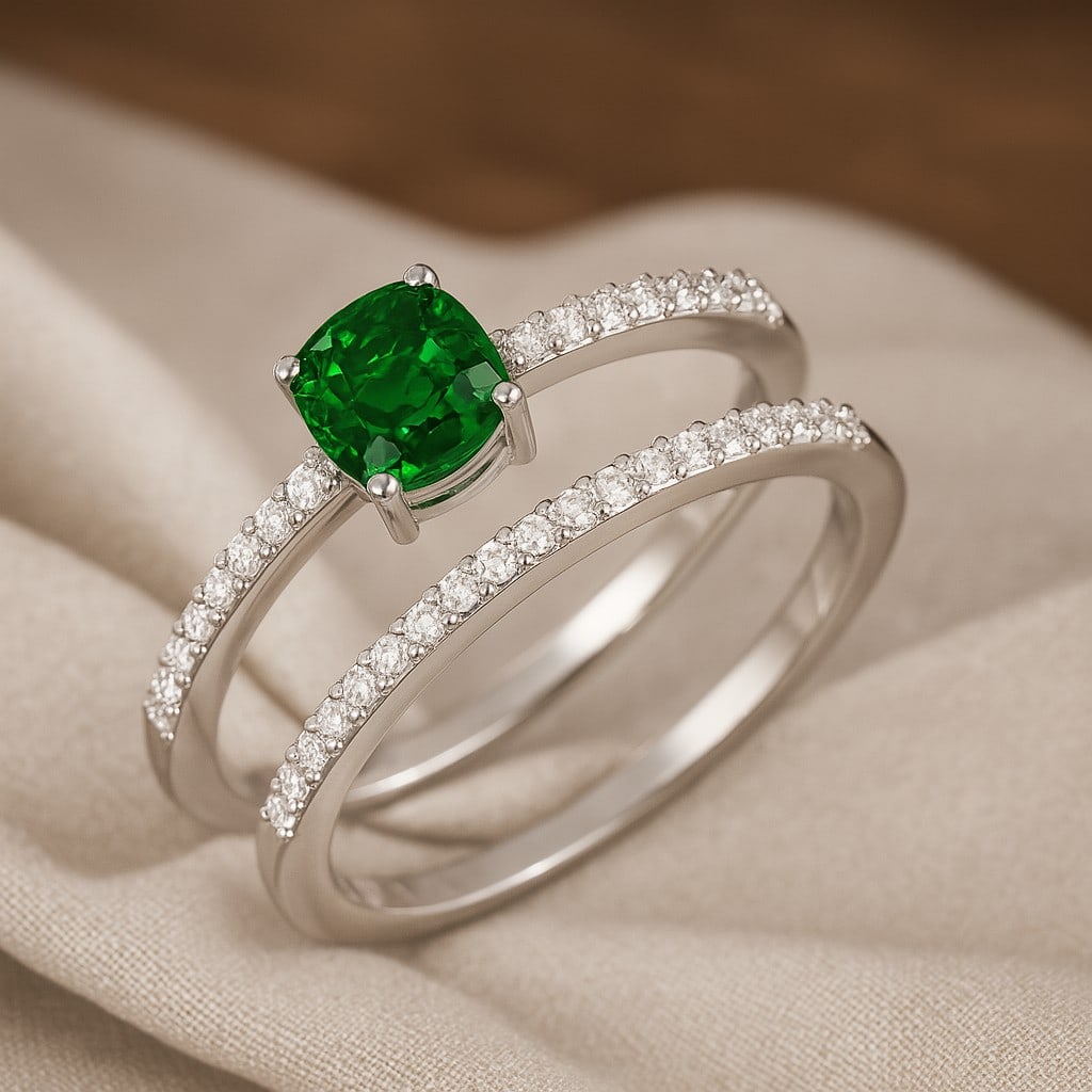 Lab Grown Emerald & Diamonds Silver Ring: Lab Grown Emerald & Diamonds Silver Ring Jewelry Type : Ring Gemstone : Lab Grown Emerald Gemstone Shape : Cushion Square Gemstone Size : 5 MM Gemstone Quantity : 1 Piece Diamond Type : Lab Grown