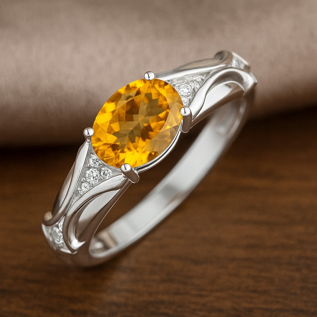 Natural Citrine Gemstone & Lab Grown Diamonds Silver Ring (1 of 7)