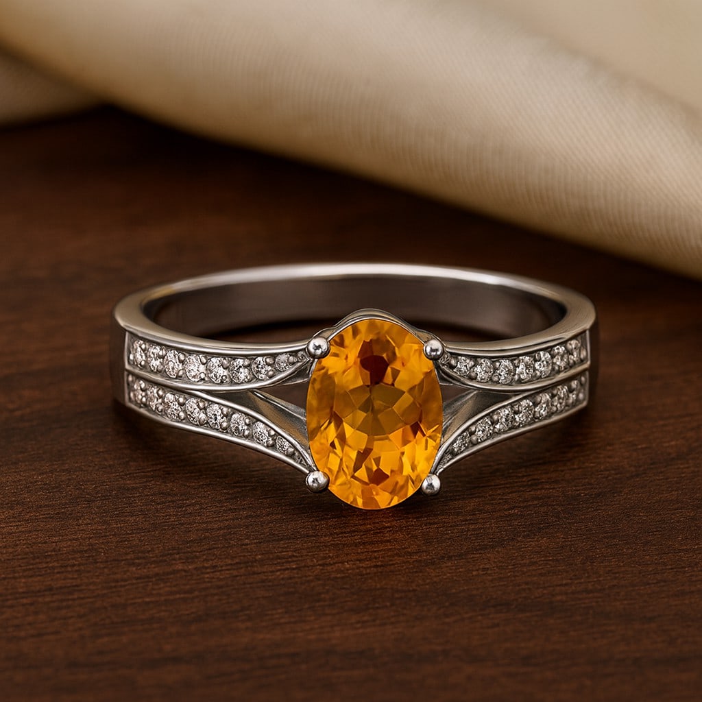 Natural Citrine Gemstone & Lab Grown Diamonds Silver Ring (1 of 7)