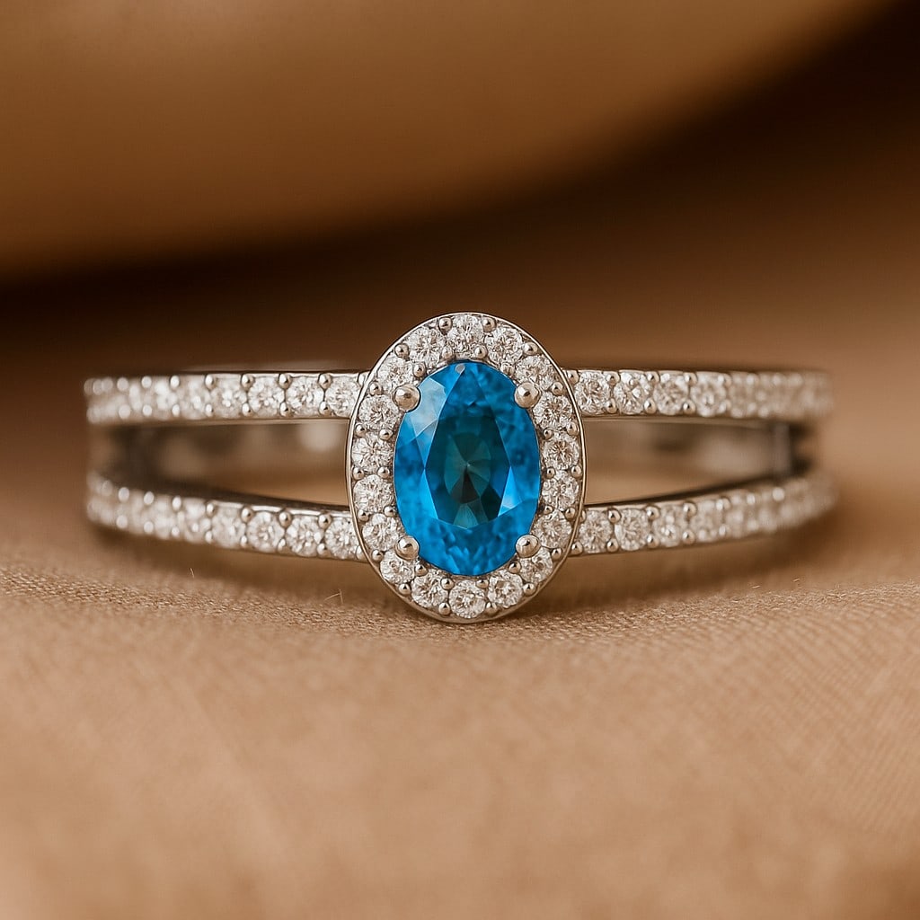 Natural Swiss Blue Topaz Gemstone & Lab Grown Diamonds Silver Ring: Natural Swiss Blue Topaz Gemstone & Lab Grown Diamonds Silver Ring Jewelry Type : Ring Gemstone : Natural Swiss Blue Topaz Gemstone Shape : Oval Gemstone Size : 6x4 MM Gemstone Quantity : 1 Piece