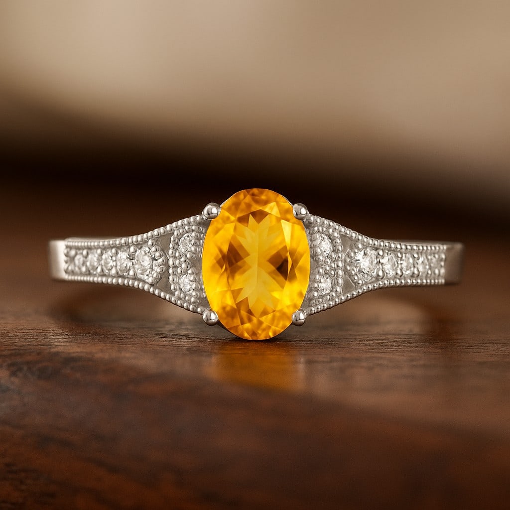 Natural Citrine Gemstone & Lab Grown Diamonds Silver Ring: Natural Citrine Gemstone & Lab Grown Diamonds Silver Ring Jewelry Type : Ring Gemstone : Natural Citrine Gemstone Shape : Oval Gemstone Size : 7x5 MM Gemstone Quantity : 1 Piece Diamond Type : Lab