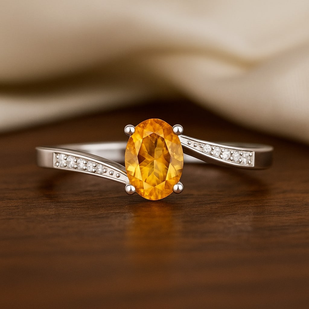 Natural Citrine Gemstone & Lab Grown Diamonds Silver Ring (1 of 7)