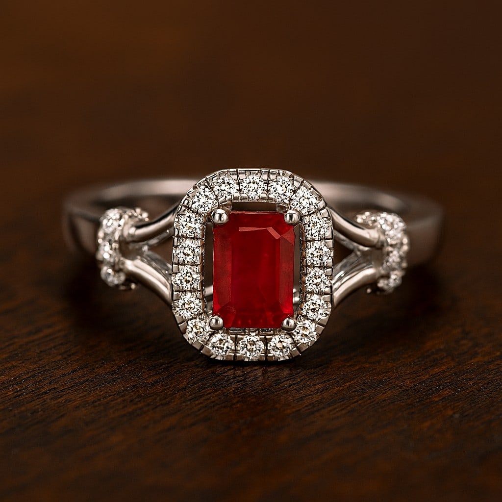 Natural Ruby Gemstone & Lab Grown Diamonds Silver Ring: Natural Ruby Gemstone & Lab Grown Diamonds Silver Ring Jewelry Type : Ring Gemstone : Natural Ruby Gemstone Shape : Emerald Gemstone Size : 6x4 MM Gemstone Quantity : 1 Piece Diamond Type :