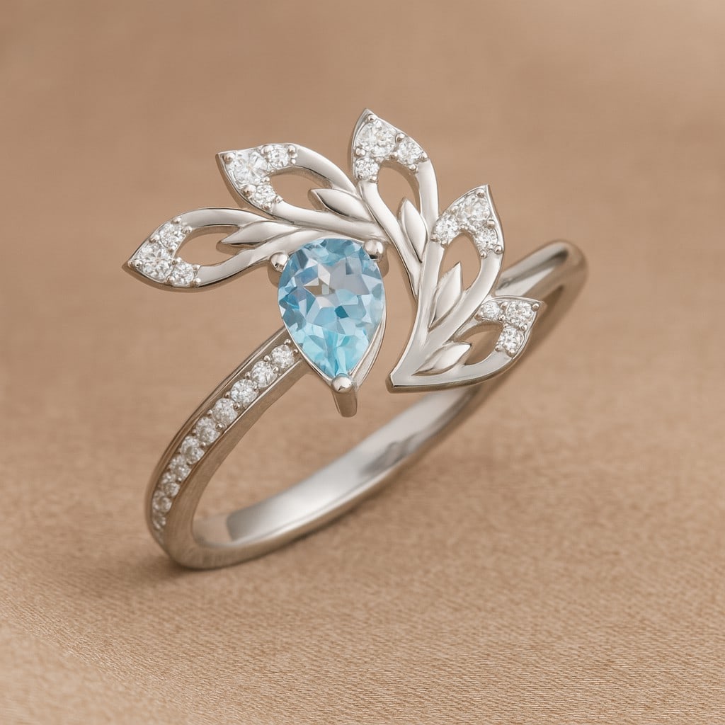 Natural Aquamarine Gemstone & Lab Grown Diamonds Silver Ring: Natural Aquamarine Gemstone & Lab Grown Diamonds Silver Ring Jewelry Type : Ring Gemstone : Natural Aquamarine Gemstone Shape : Pear Gemstone Size : 6x4 MM Gemstone Quantity : 1 Piece Diamon