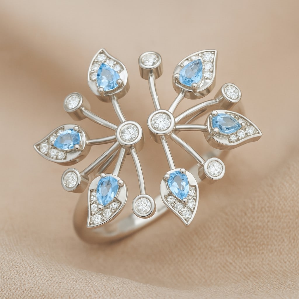 Natural Aquamarine Gemstone & Lab Grown Diamonds Silver Ring (1 of 7)