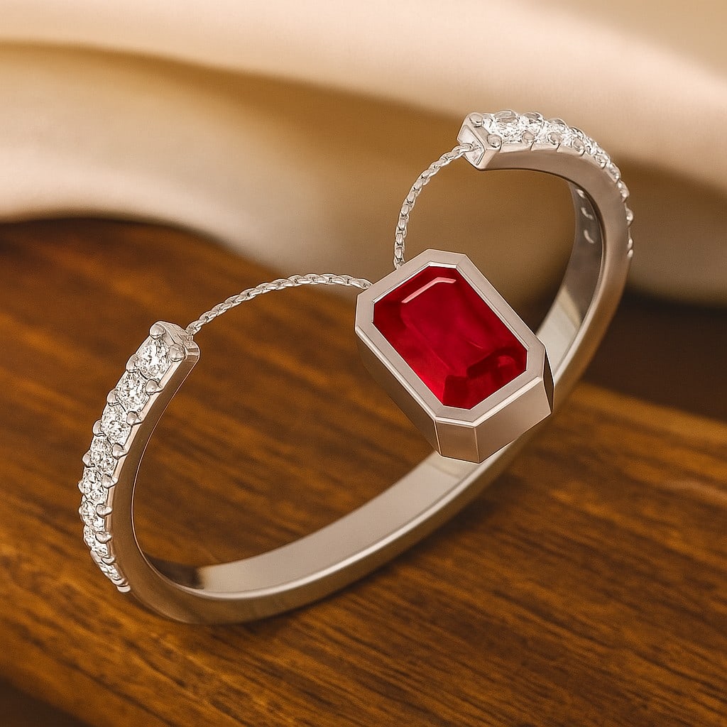 Natural Ruby Gemstone & Lab Grown Diamonds Silver Ring: Natural Ruby Gemstone & Lab Grown Diamonds Silver Ring Jewelry Type : Ring Gemstone : Natural Ruby Gemstone Shape : Emerald Gemstone Size : 5x3 MM Gemstone Quantity : 1 Piece Diamond Type : Lab Grown