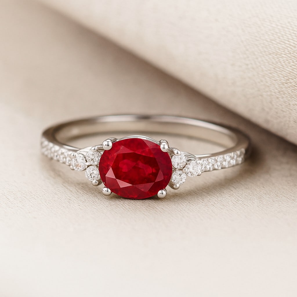 Natural Ruby Gemstone & Lab Grown Diamonds Silver Ring: Natural Ruby Gemstone & Lab Grown Diamonds Silver Ring Jewelry Type : Ring Gemstone : Natural Ruby Gemstone Shape : Oval Gemstone Size : 7x5 MM Gemstone Quantity : 1 Piece Diamond Type :