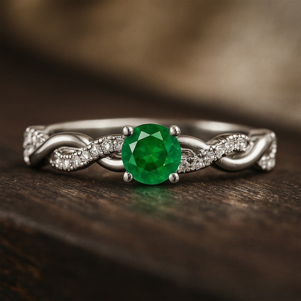 Lab Grown Emerald & Diamonds Silver Ring: Lab Grown Emerald & Diamonds Silver Ring Jewelry Type : Ring Gemstone : Lab Grown Emerald Gemstone Shape : Round Gemstone Size : 5 MM Gemstone Quantity : 1 Piece Diamond Type : Lab Grown<
