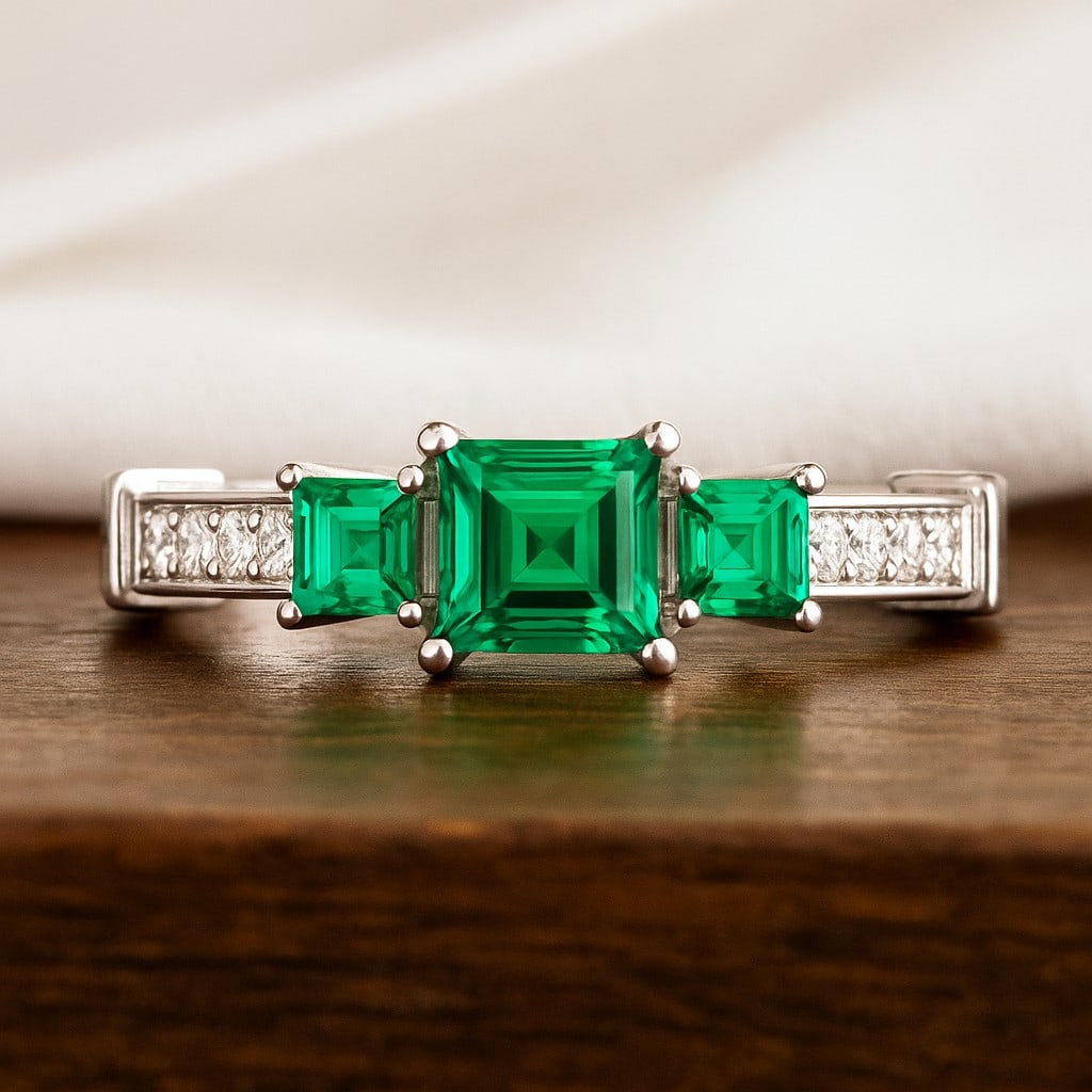 Lab Grown Emerald & Diamonds Silver Ring: Lab Grown Emerald & Diamonds Silver Ring Jewelry Type : Ring Gemstone : Lab Grown Emerald Gemstone Shape : Princess Gemstone Size : 5 MM, 3MM Gemstone Quantity : 1 Piece, 2 Pieces Diamond Ty