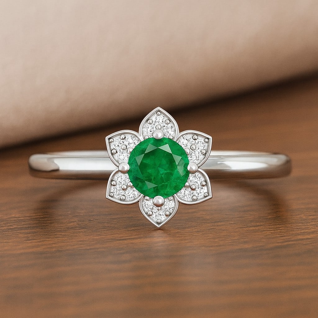 Lab Grown Emerald & Diamonds Silver Ring: Lab Grown Emerald & Diamonds Silver Ring Jewelry Type : Ring Gemstone : Lab Grown Emerald Gemstone Shape : Round Gemstone Size : 5 MM Gemstone Quantity : 1 Piece Diamond Type : Lab Grown<