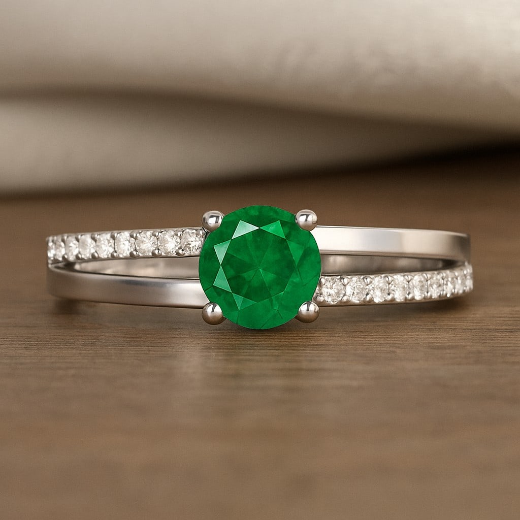 Lab Grown Emerald & Diamonds Silver Ring: Lab Grown Emerald & Diamonds Silver Ring Jewelry Type : Ring Gemstone : Lab Grown Emerald Gemstone Shape : Round Gemstone Size : 6 MM Gemstone Quantity : 1 Piece Diamond Type : Lab Grown<