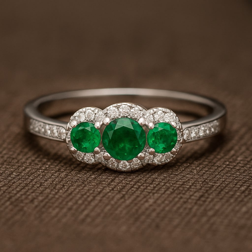 Lab Grown Emerald & Diamonds Silver Ring: Lab Grown Emerald & Diamonds Silver Ring Jewelry Type : Ring Gemstone : Lab Grown Emerald Gemstone Shape : Round Gemstone Size : 4 MM, 3MM Gemstone Quantity : 1 Piece, 2 Pieces Diamond Type