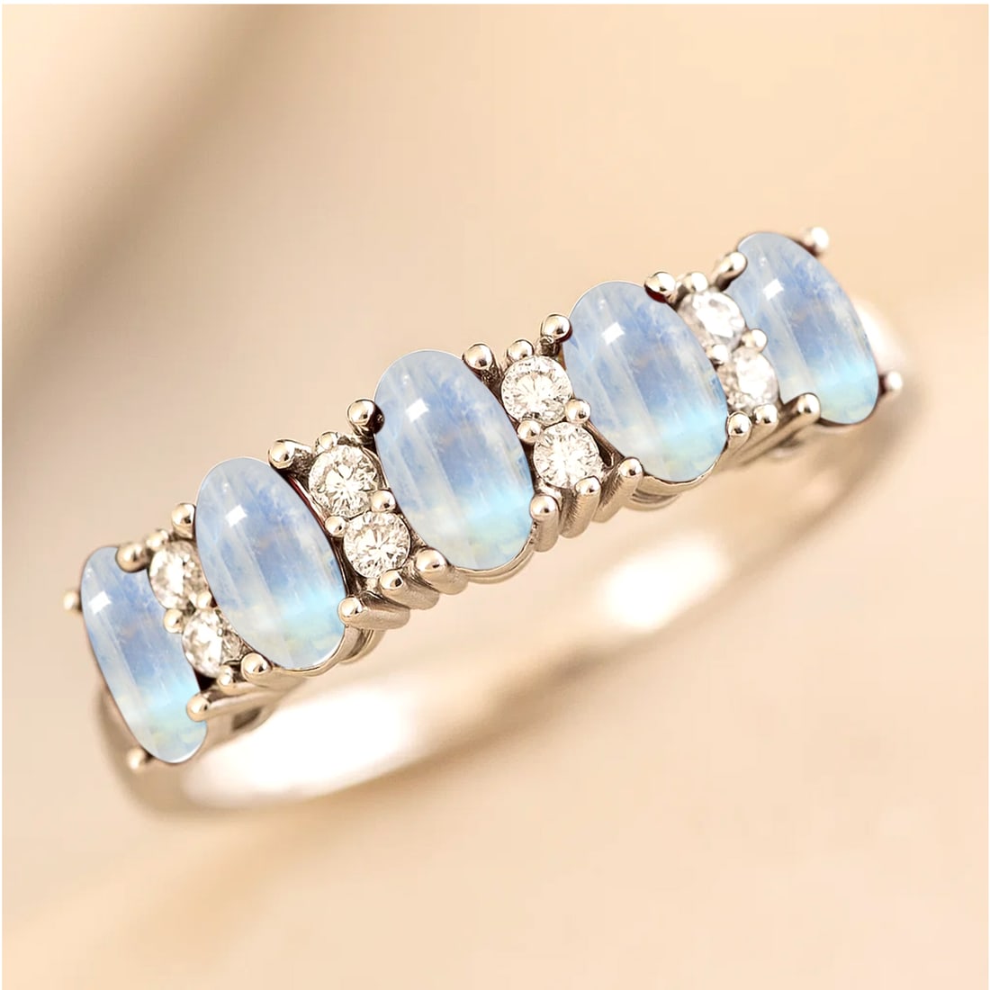 Natural Moonstone Gemstone & Lab Grown Diamonds Silver Ring (1 of 7)