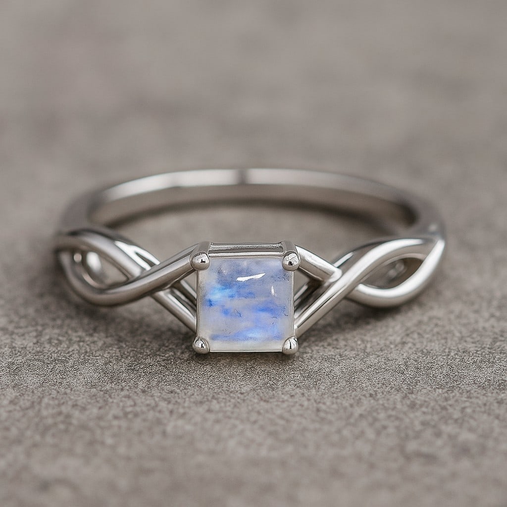 Natural Moonstone Gemstone 92.5 Sterling Silver Ring: Natural Moonstone Gemstone 92.5 Sterling Silver Ring Jewelry Type : Ring Gemstone : Natural Moonstone Gemstone Shape : Emerald Square Gemstone Size : 5 MM Gemstone Quantity : 1 Piece Metal :
