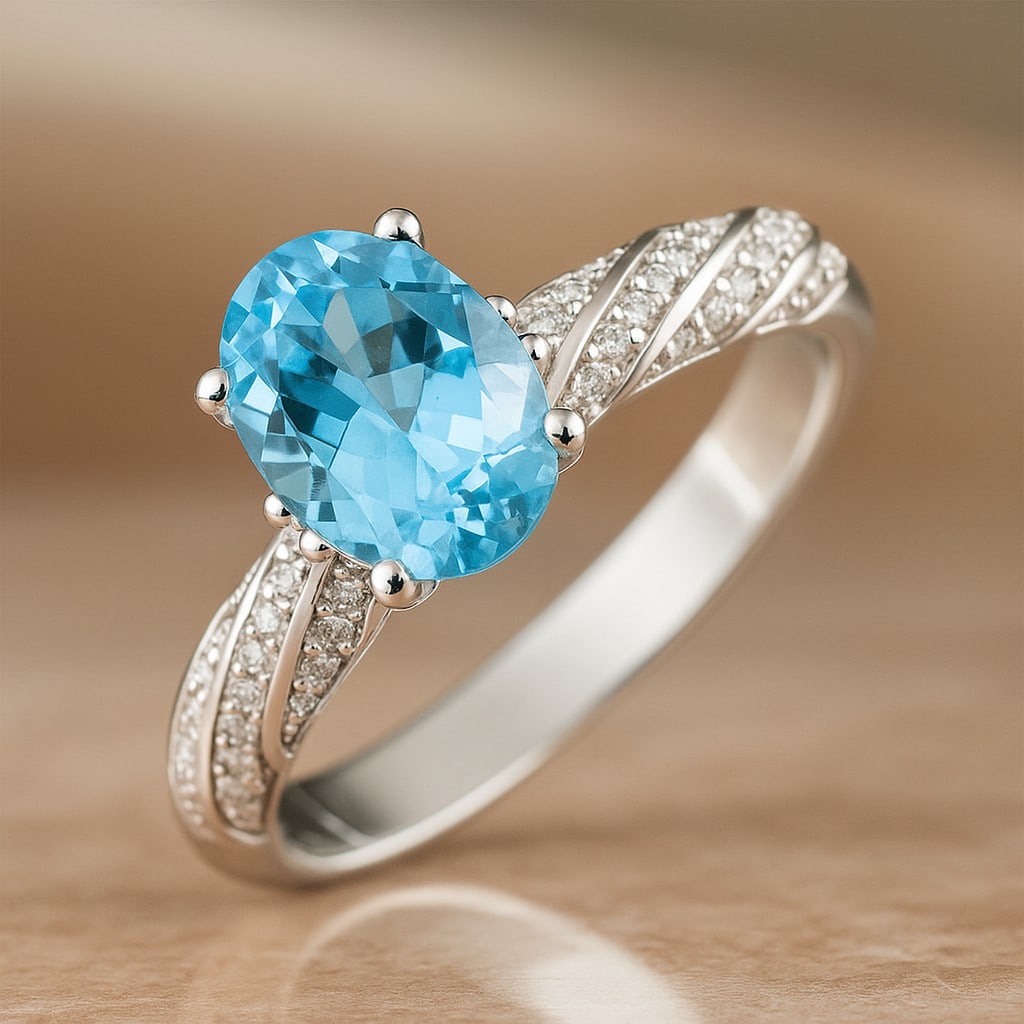Natural Aquamarine Gemstone & Lab Grown Diamonds Silver Ring (1 of 7)