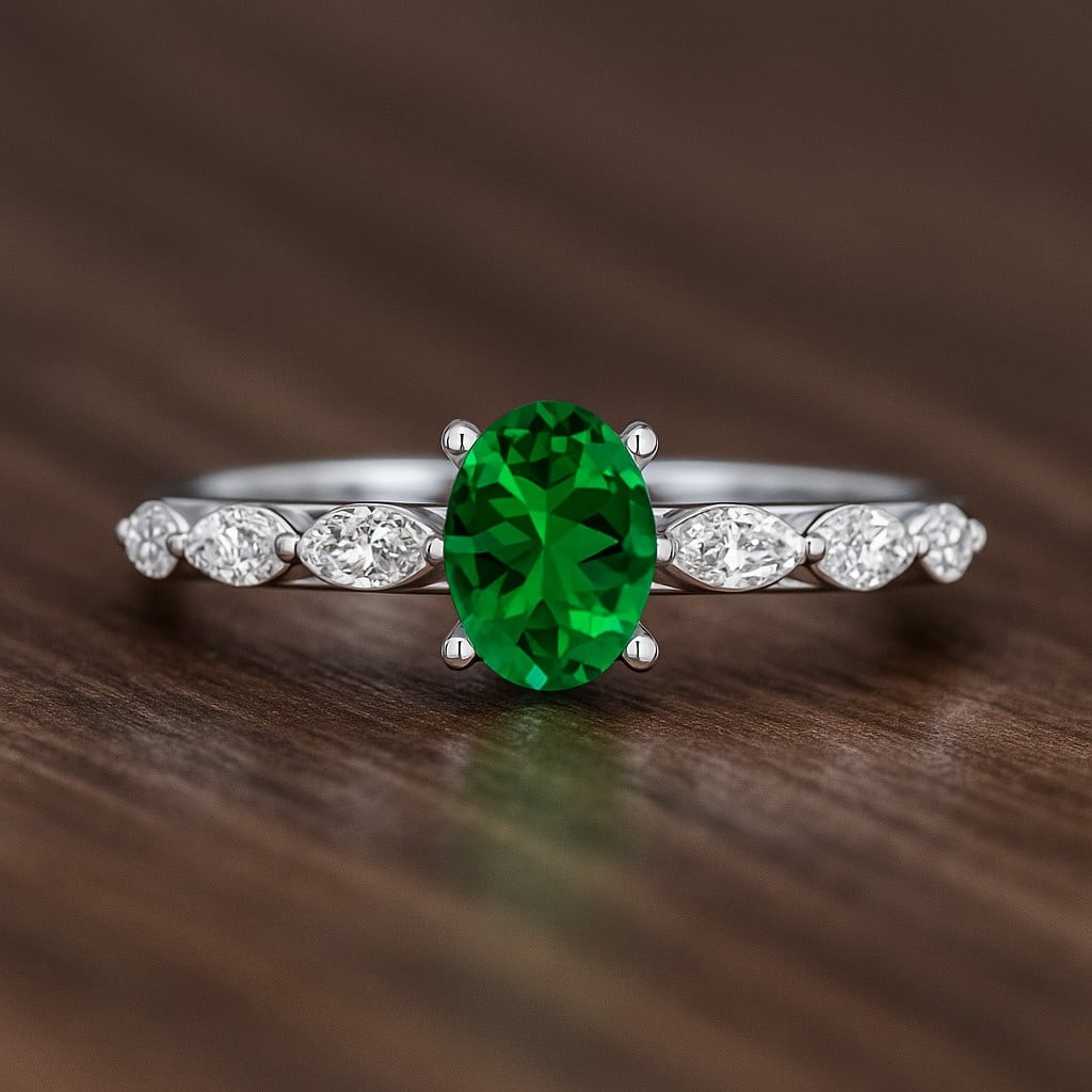 Lab Grown Emerald & Diamonds Silver Ring: Lab Grown Emerald & Diamonds Silver Ring Jewelry Type : Ring Gemstone : Lab Grown Emerald Gemstone Shape : Oval Gemstone Size : 7x5 MM Gemstone Quantity : 1 Piece Diamond Type : Lab Grown