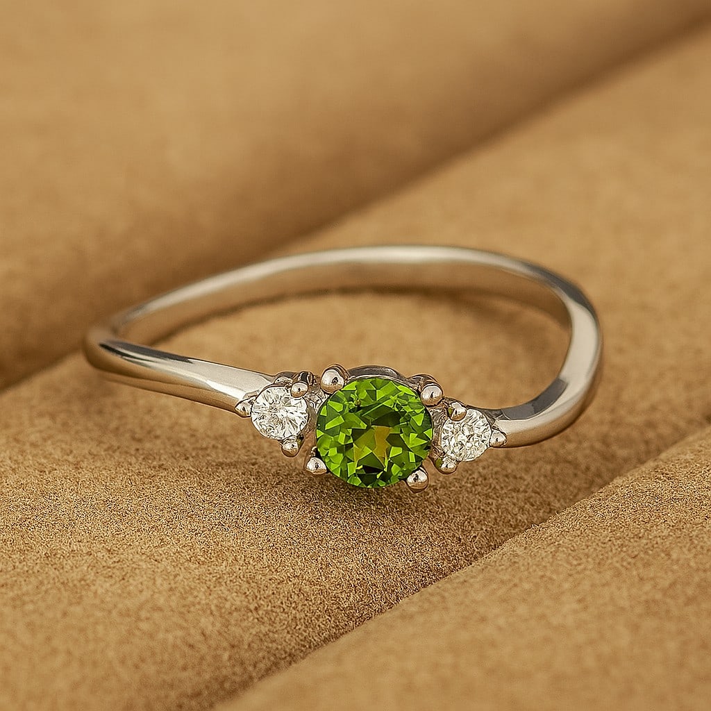 Natural Peridot Gemstone & Lab Grown Diamonds Silver Ring (1 of 7)