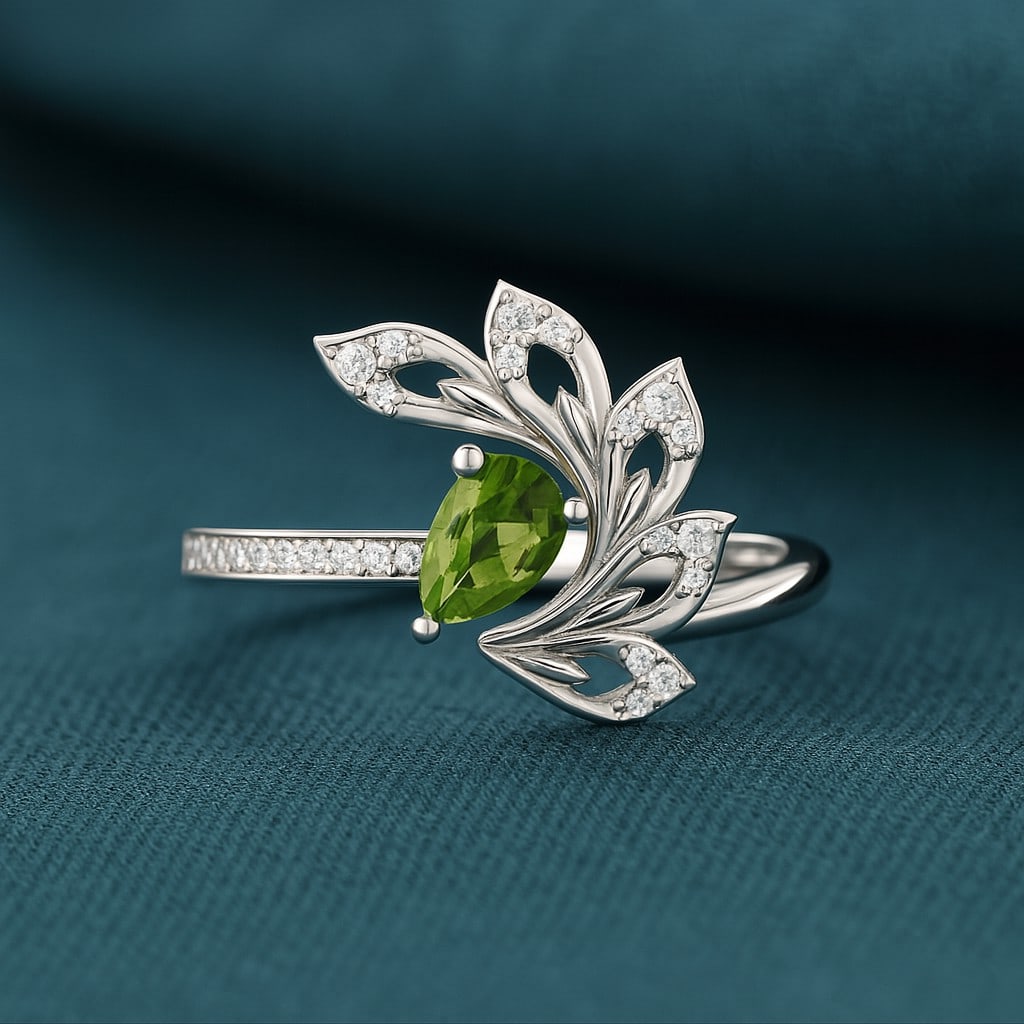 Natural Peridot Gemstone & Lab Grown Diamonds Silver Ring: Natural Peridot Gemstone & Lab Grown Diamonds Silver Ring Jewelry Type : Ring Gemstone : Natural Peridot Gemstone Shape : Pear Gemstone Size : 6x4 MM Gemstone Quantity : 1 Piece Diamond Type