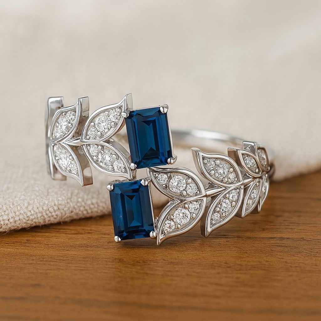 Natural London Blue Topaz Gemstone & Lab Grown Diamonds Silver Ring: Natural London Blue Topaz Gemstone & Lab Grown Diamonds Silver Ring Jewelry Type : Ring Gemstone : Natural London Blue Topaz Gemstone Shape : Emerald Gemstone Size : 5x4 MM Gemstone Quantity : 2 Pi