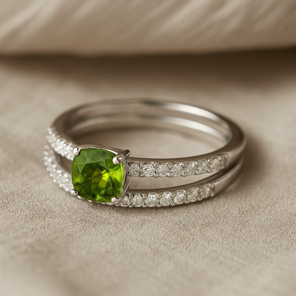Natural Peridot Gemstone & Lab Grown Diamonds Silver Ring: Natural Peridot Gemstone & Lab Grown Diamonds Silver Ring Jewelry Type : Ring Gemstone : Natural Peridot Gemstone Shape : Cushion Square Gemstone Size : 5 MM Gemstone Quantity : 1 Piece Diam
