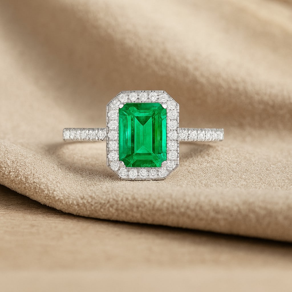 Lab Grown Emerald & Diamonds Silver Ring: Lab Grown Emerald & Diamonds Silver Ring Jewelry Type : Ring Gemstone : Lab Grown Emerald Gemstone Shape : Emerald Gemstone Size : 8x6 MM Gemstone Quantity : 1 Piece Diamond Type : Lab Gr