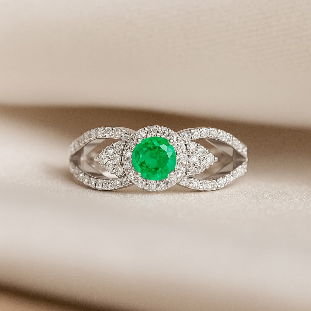 Lab Grown Emerald & Diamonds Silver Ring: Lab Grown Emerald & Diamonds Silver Ring Jewelry Type : Ring Gemstone : Lab Grown Emerald Gemstone Shape : Round Gemstone Size : 5MM Gemstone Quantity : 1 Piece Diamond Type : Lab Grown</