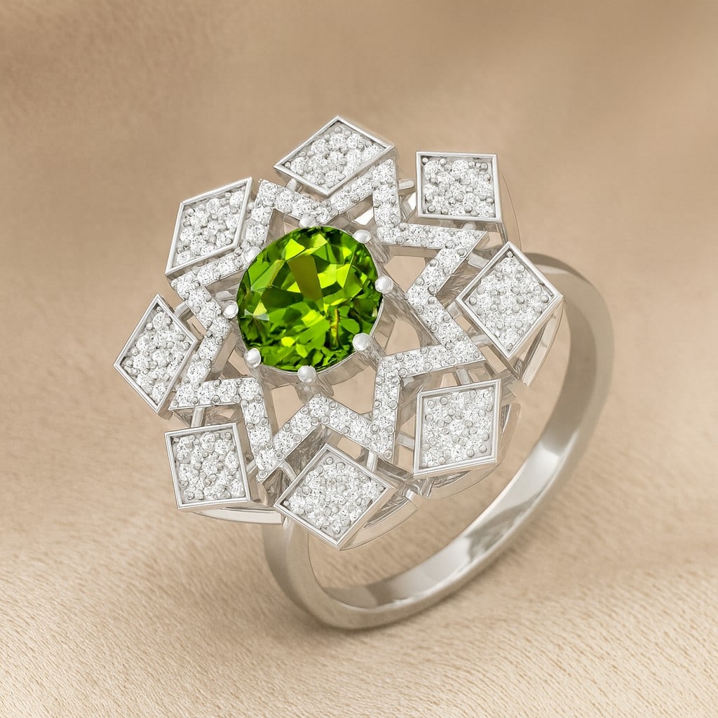 Natural Peridot Gemstone & Lab Grown Diamonds Silver Ring: Natural Peridot Gemstone & Lab Grown Diamonds Silver Ring Jewelry Type : Ring Gemstone : Natural Peridot Gemstone Shape : Round Gemstone Size : 7 MM Gemstone Quantity : 1 Piece Diamond Type