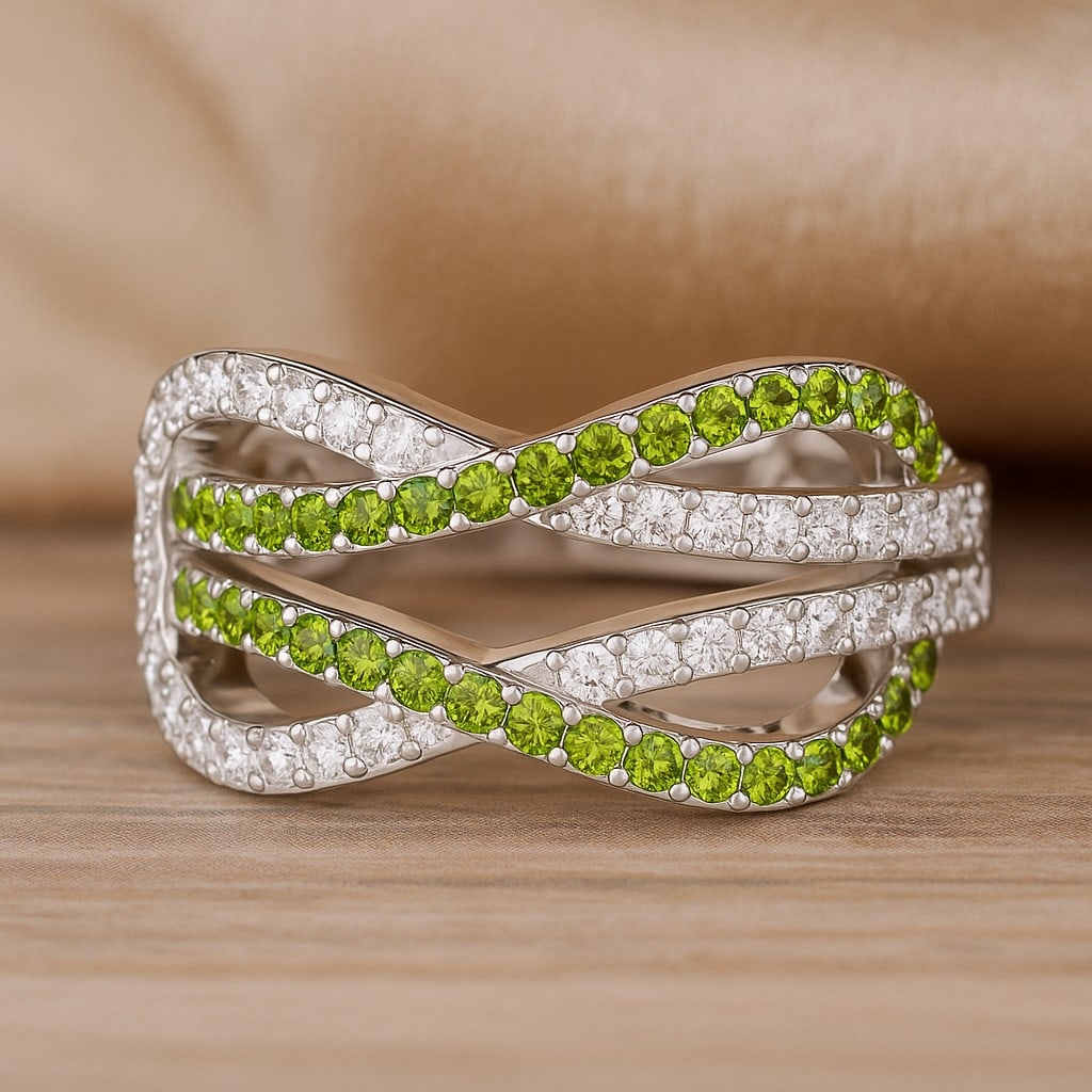 Natural Peridot Gemstone & Lab Grown Diamonds Silver Ring: Natural Peridot Gemstone & Lab Grown Diamonds Silver Ring Jewelry Type : Ring Gemstone : Natural Peridot Gemstone Shape : Round Gemstone Size : 1.4 MM, 1.3MM, 1.1 MM Gemstone Quantity : 36,1 , 1 Pi