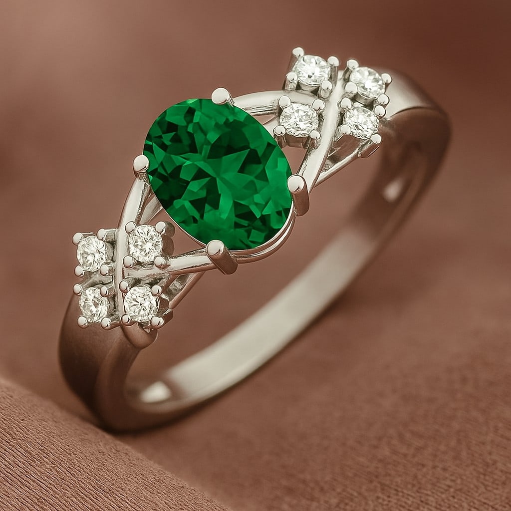 Lab Grown Emerald & Diamonds Silver Ring: Lab Grown Emerald & Diamonds Silver Ring Jewelry Type : Ring Gemstone : Lab Grown Emerald Gemstone Shape : Oval Gemstone Size : 8x6 MM Gemstone Quantity : 1 Piece Diamond Type : Lab Grown