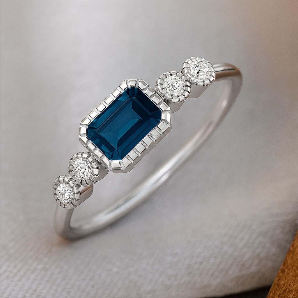 Natural London Blue Topaz Gemstone & Lab Grown Diamonds Silver Ring: Natural London Blue Topaz Gemstone & Lab Grown Diamonds Silver Ring Jewelry Type : Ring Gemstone : Natural London Blue Topaz Gemstone Shape : Emerald Gemstone Size : 6x4 MM Gemstone Quantity : 1 Pi