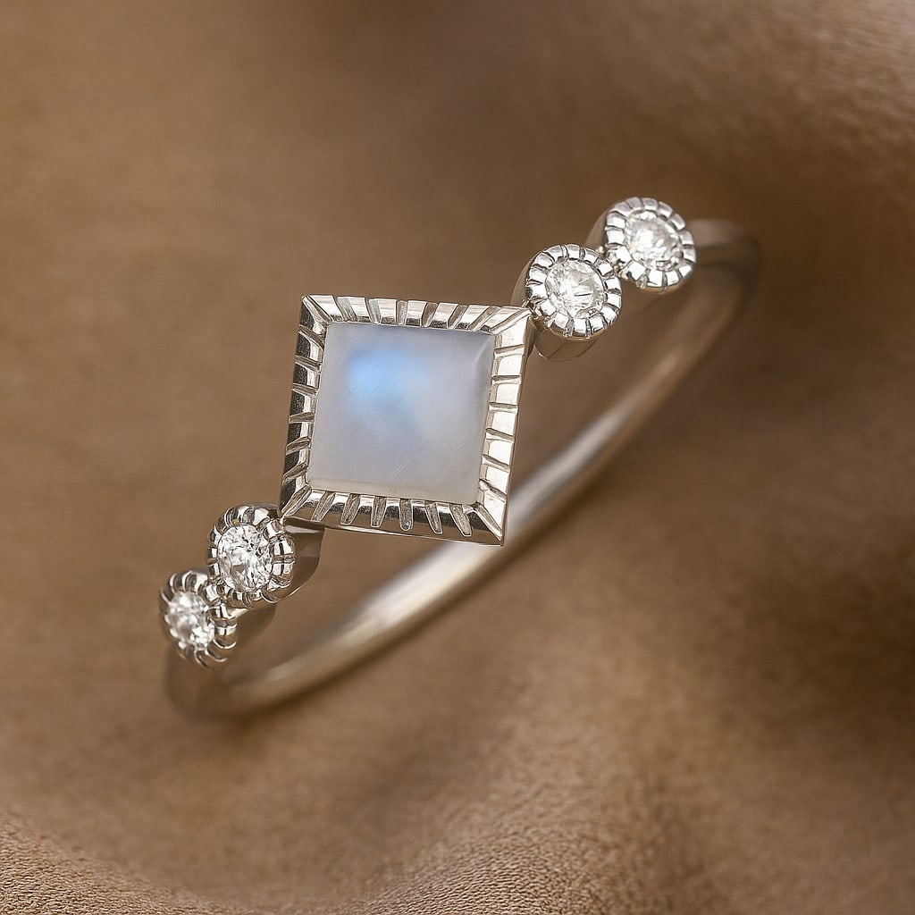 Natural Moonstone Gemstone & Lab Grown Diamonds Silver Ring (1 of 7)