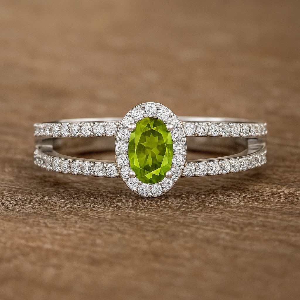 Natural Peridot Gemstone & Lab Grown Diamonds Silver Ring: Natural Peridot Gemstone & Lab Grown Diamonds Silver Ring Jewelry Type : Ring Gemstone : Natural Peridot Gemstone Shape : Oval Gemstone Size : 6x4 MM Gemstone Quantity : 1 Piece Diamond Type
